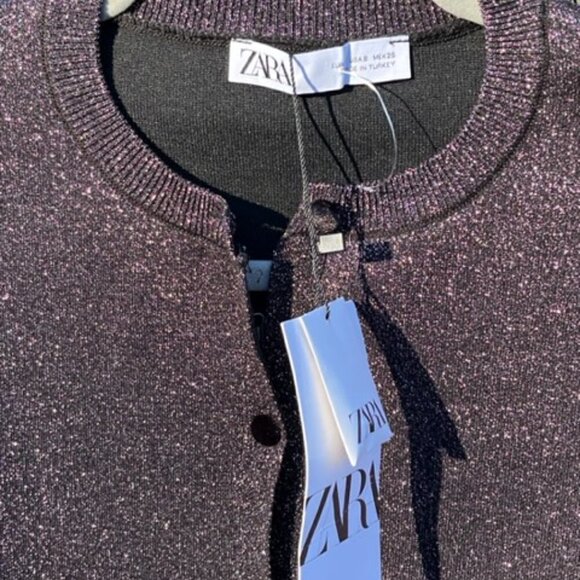 Zara Metallic Shimmer Purple Cropped Velvet Buttons Long Sleeve Cardigan Small - Picture 15 of 16